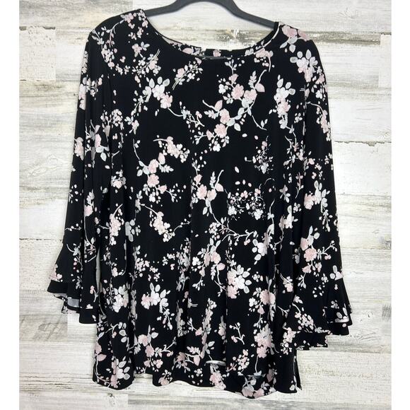 Karl Lagerfeld women size XL black floral long sleeve ruffle blouse designer top - Picture 2 of 7